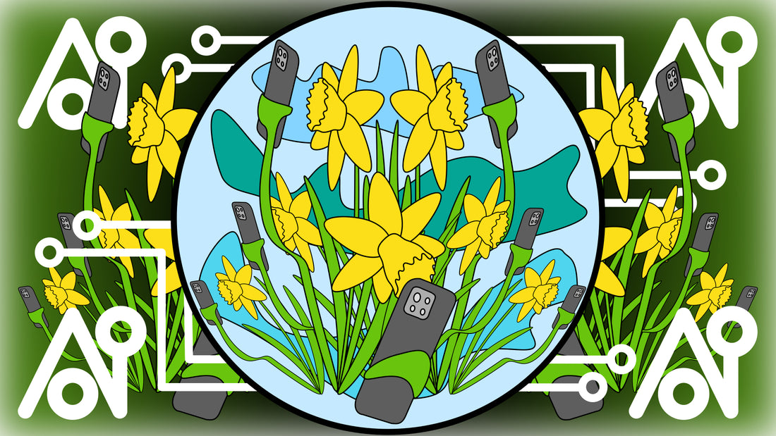 Daffodils are taking selfies in the obverse of a US dollar-like design with a circuit board look.