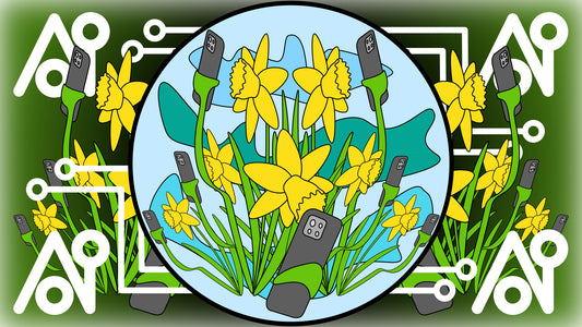 Daffodils are taking selfies in the obverse of a US dollar-like design with a circuit board look.