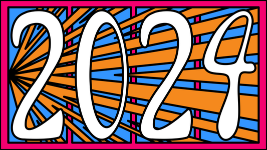 The numbers 2024 over an artistic forward motion pattern.