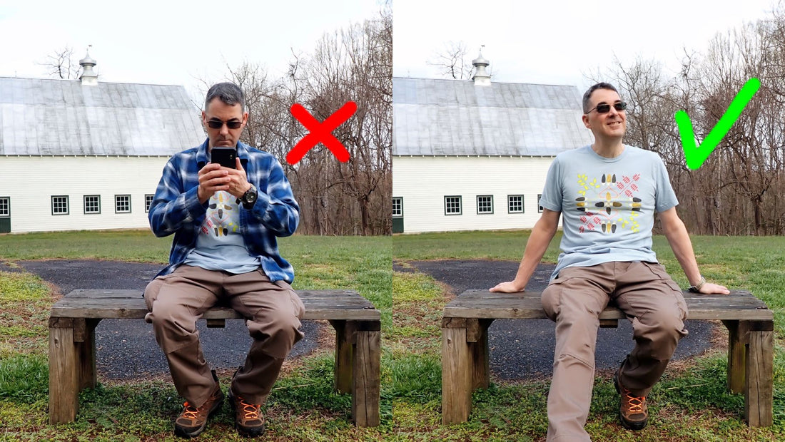 Two photos compare behavior. Bad behavior is closely viewing a cell phone while sitting on a bench in a park. Good behavior is looking at the scenery while sitting on a park bench.