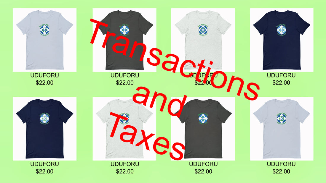 The Shopify website product grid, sales tax, and transactions.